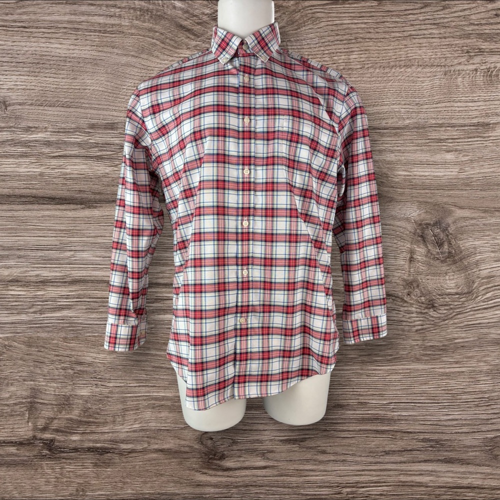 Lands End Shirt Mens 16.5-33 Supima No Iron Oxford Tailored Fit Red Plaid (52)